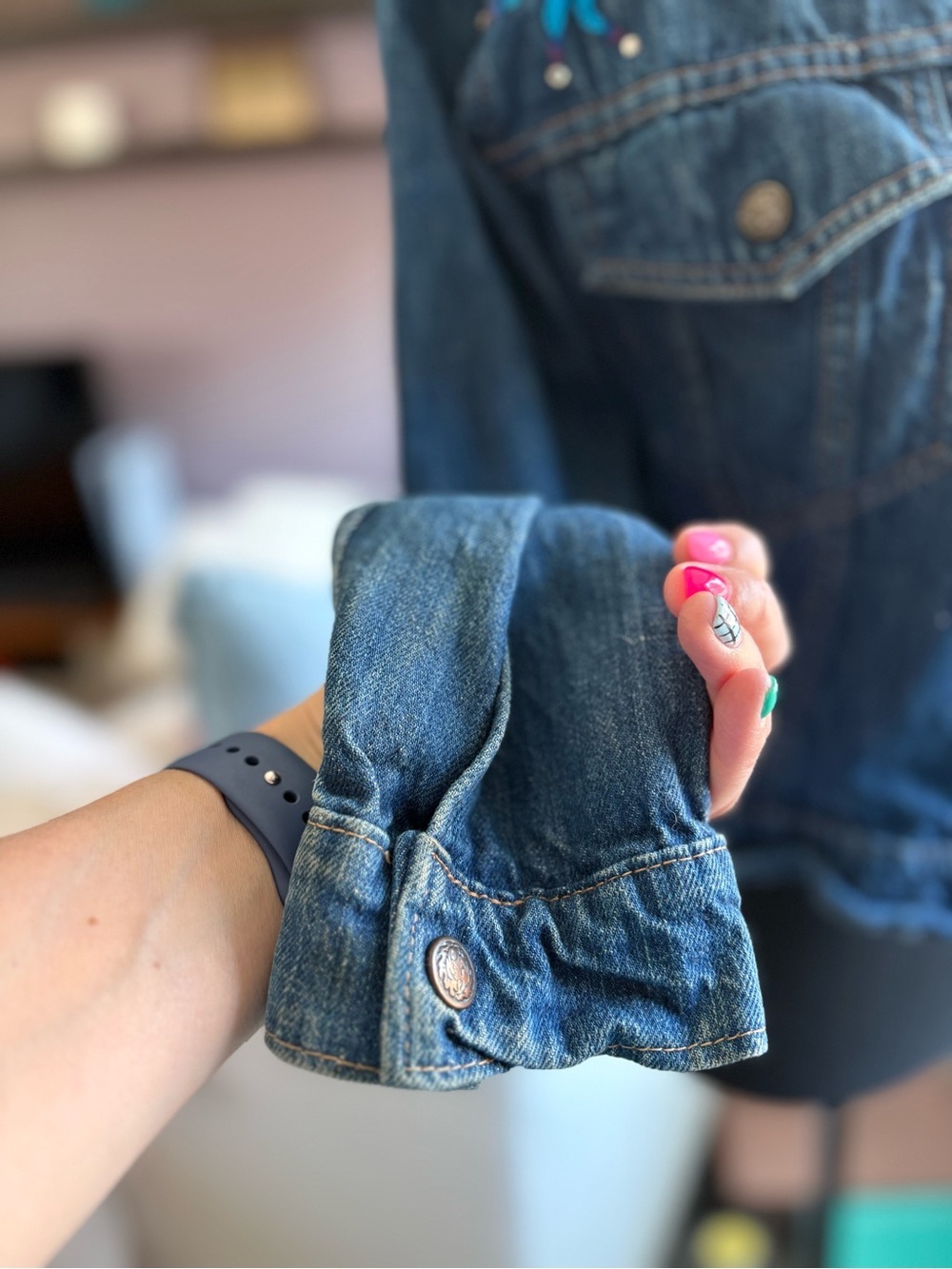 Embroidered Upcycled Dark Blue Denim Jacket w Snap Closure - Unique Handmade - Picture 7 of 14